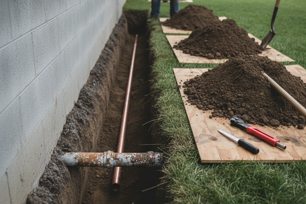 Excavated water line trench during Water Softener Installation in Hooversville